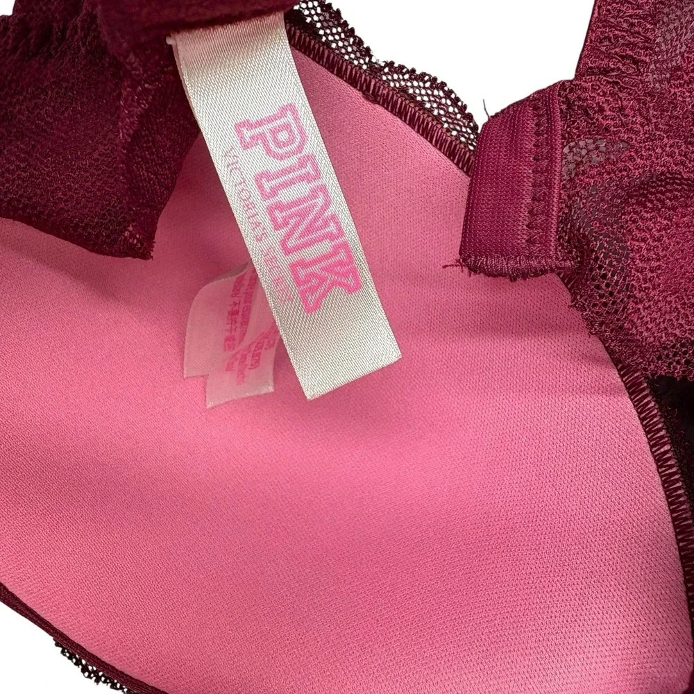 Victoria Secret PINK Bra Small Burgundy Push Up Lace Floral Fairy Whimsical